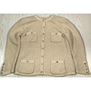 Vintage 80s Granny Sweater Women M Beige Tanner Acrylic Cardigan 4 Pockets Ugly